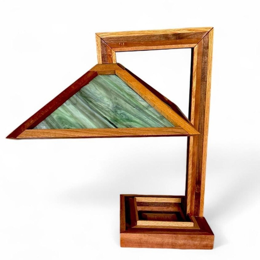 Wood Arts & Crafts / Mission Style Prairie Table Lamp w Green Slag Stain Glass